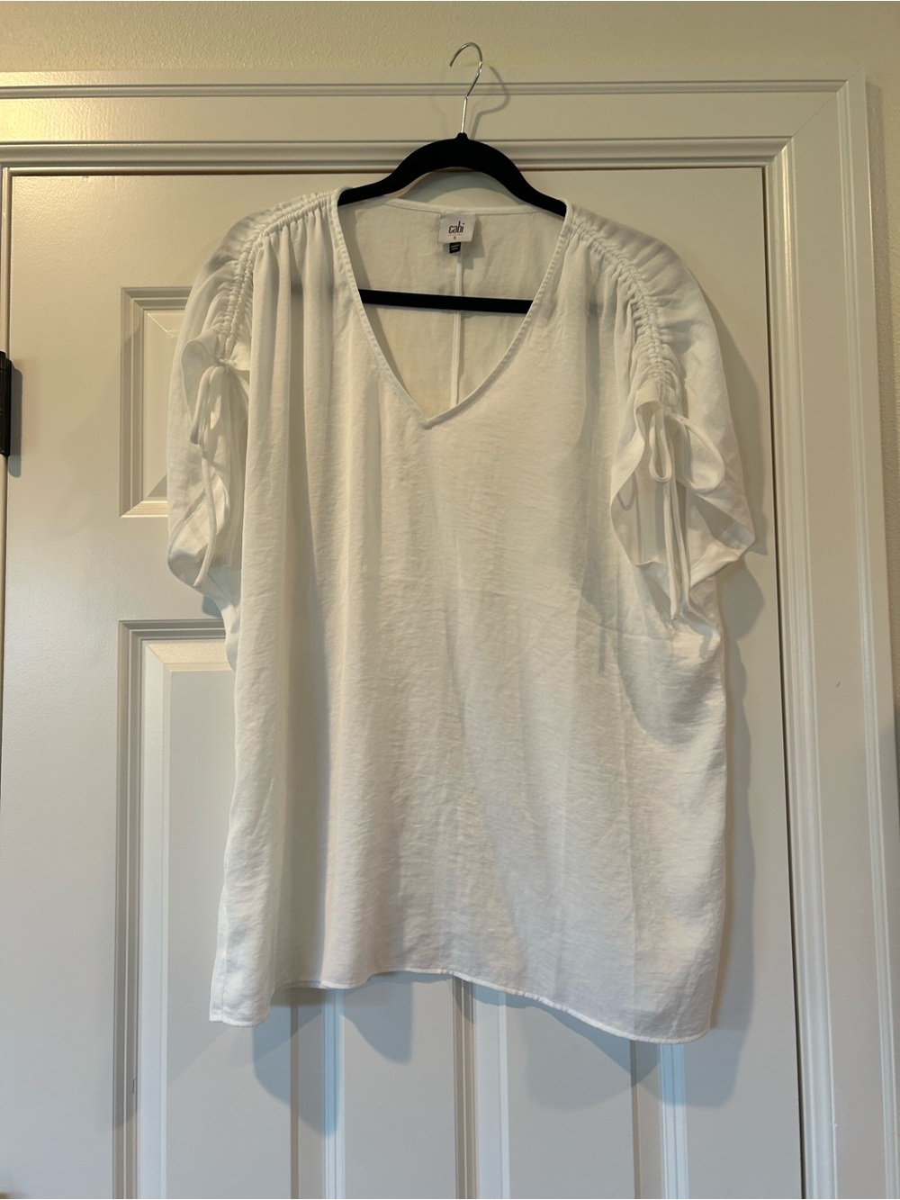 CAbi White V-Neck Blouse with Ruched Tie Sleeves
